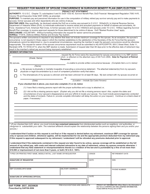 DAF Form 2037 Request for Waiver of Spouse Concurrence in Survivor Benefit Plan (SBP) Election