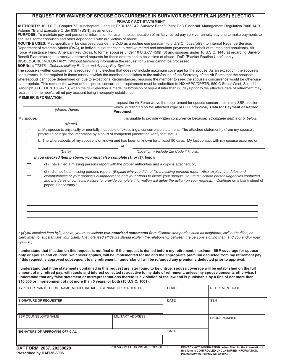 DAF Form 2037 Request for Waiver of Spouse Concurrence in Survivor Benefit Plan (SBP) Election, Page 1