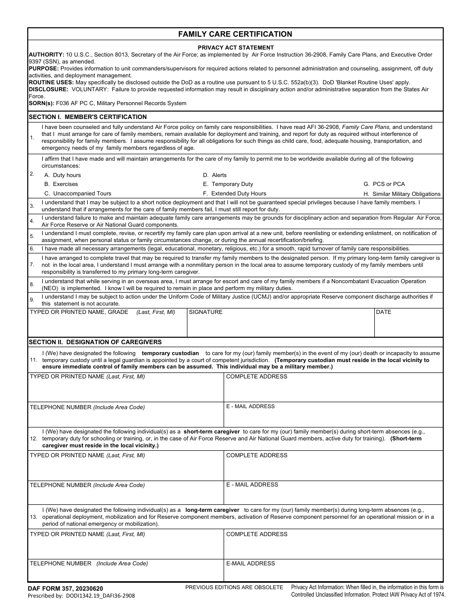 DAF Form 357 Family Care Certification, Page 1