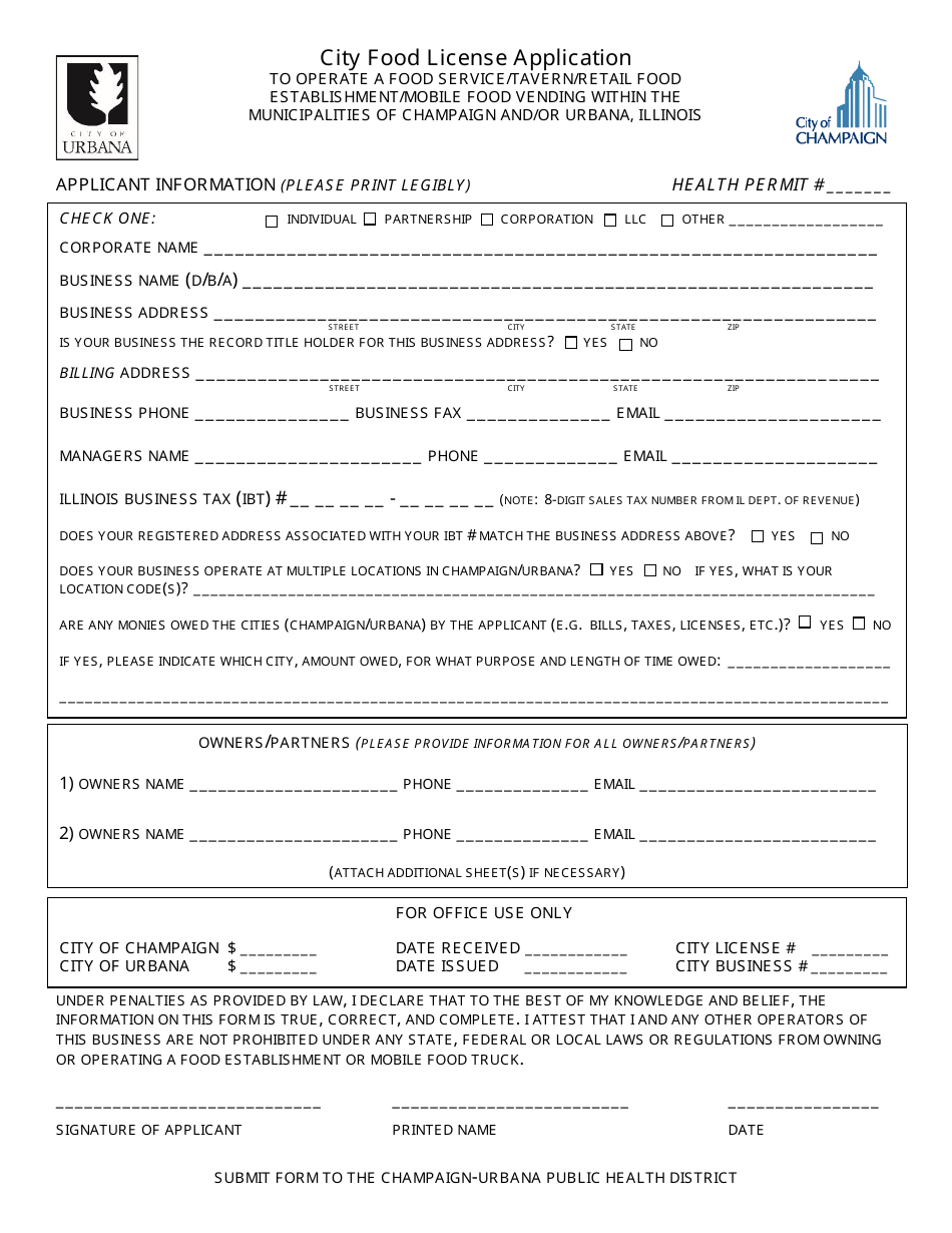 Retail Food Establishment Health Permit Application to Operate Within Champaign and / or Urbana, Il - Champaign County, Illinois, Page 2