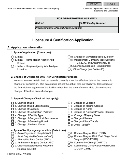 Form HS200 Licensure & Certification Application - California