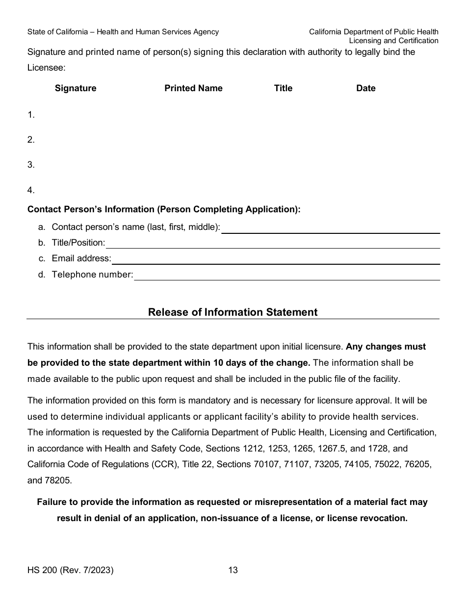 Form HS200 Licensure  Certification Application - California, Page 13
