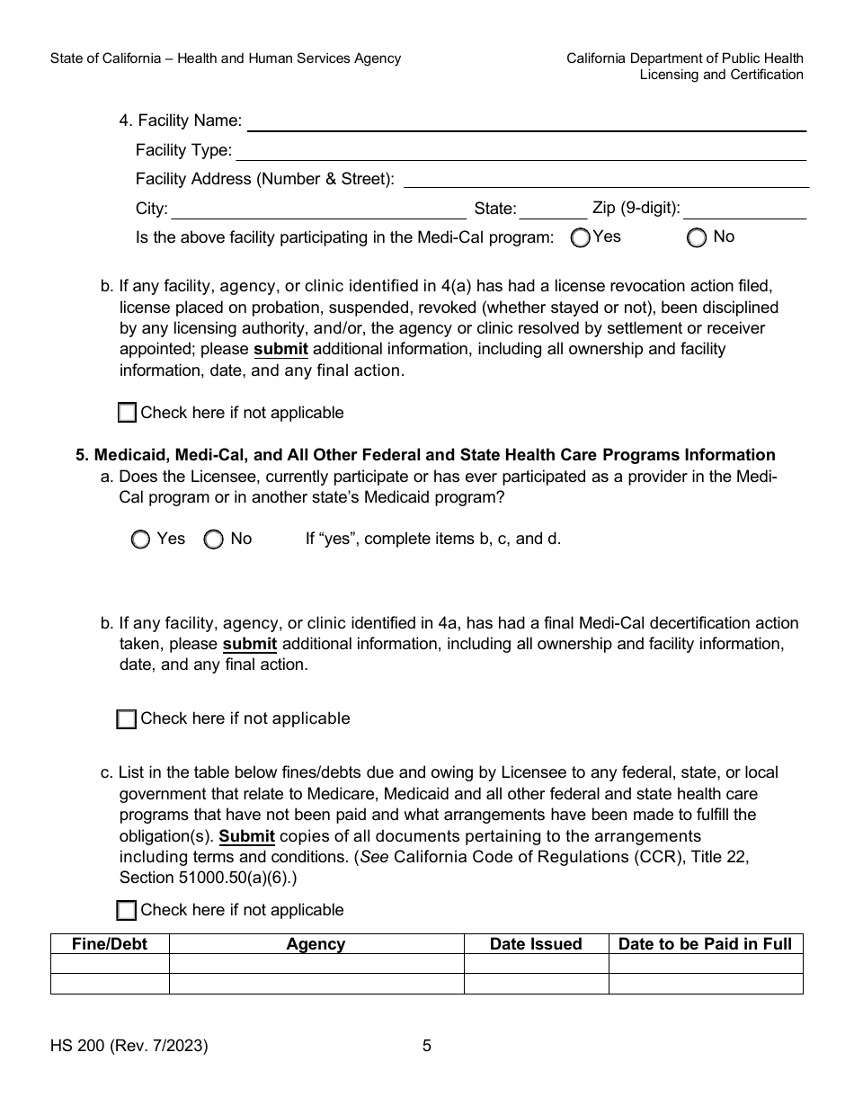 Form HS200 Licensure  Certification Application - California, Page 5