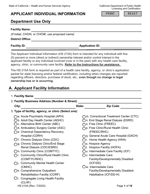 Form HS215A Applicant Individual Information - California