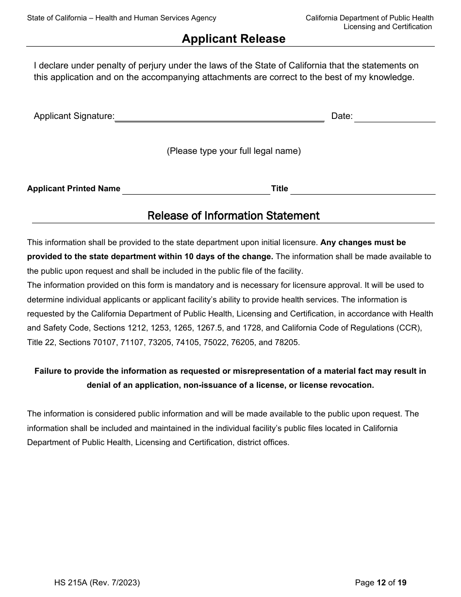 Form HS215A Download Fillable PDF or Fill Online Applicant Individual ...