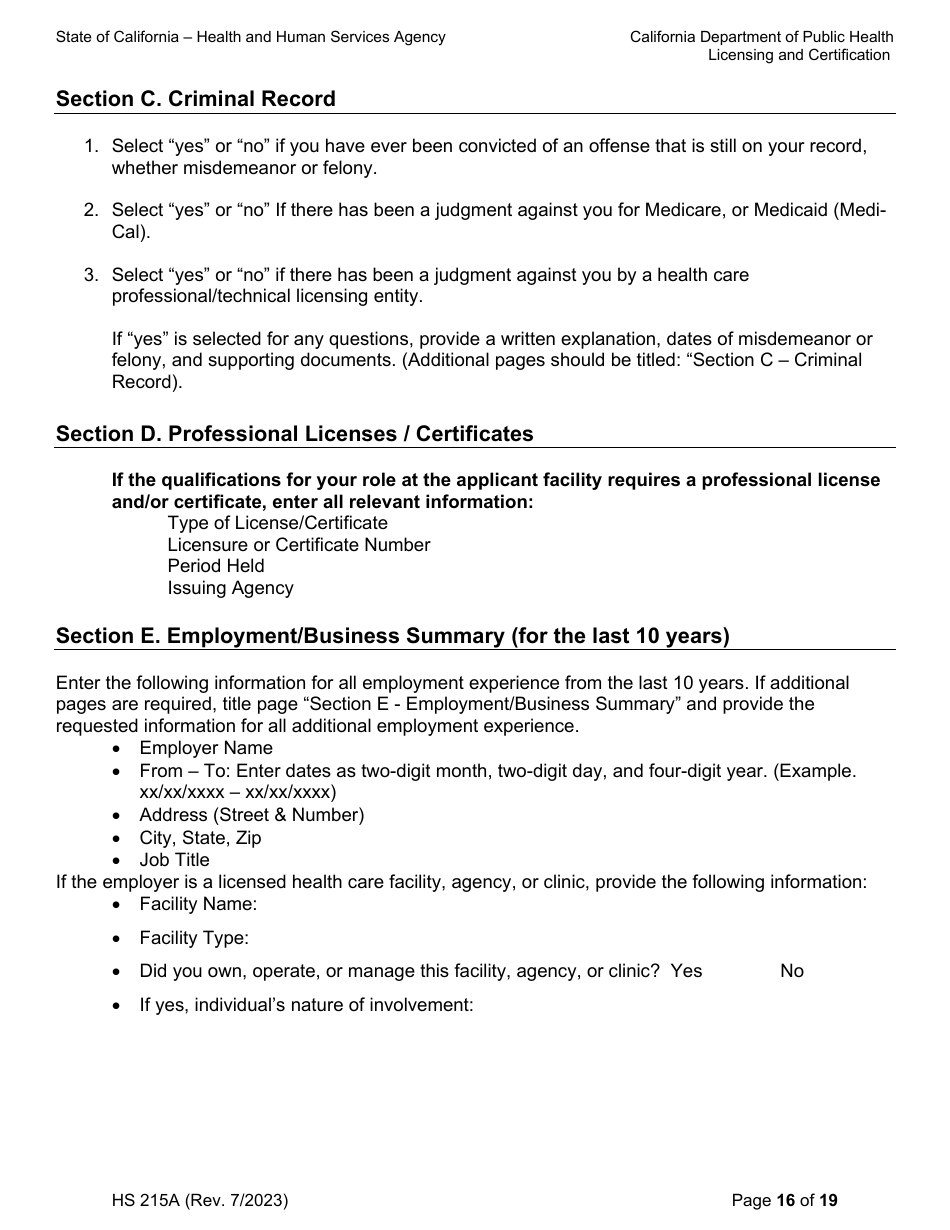 Form HS215A Applicant Individual Information - California, Page 16