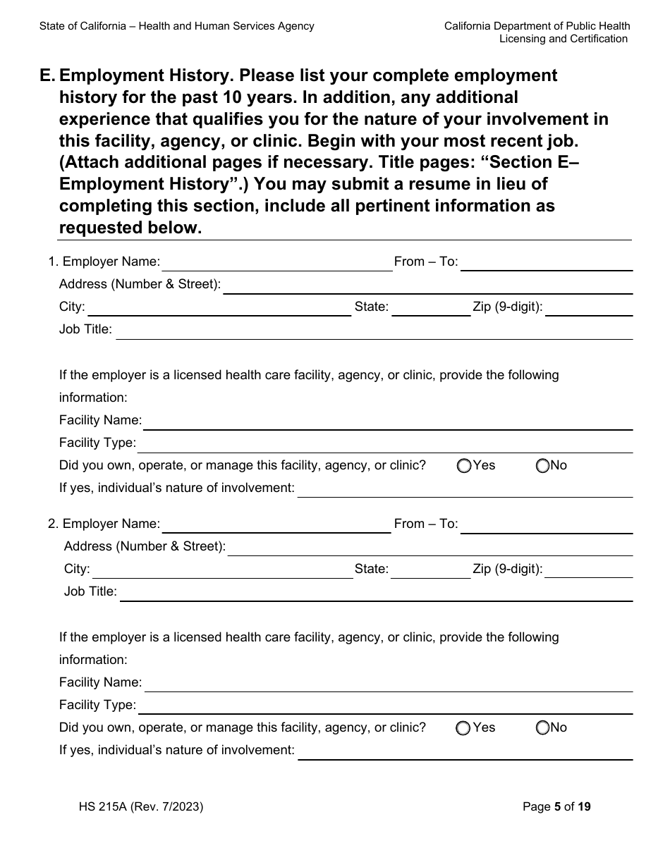 Form HS215A Download Fillable PDF or Fill Online Applicant Individual ...