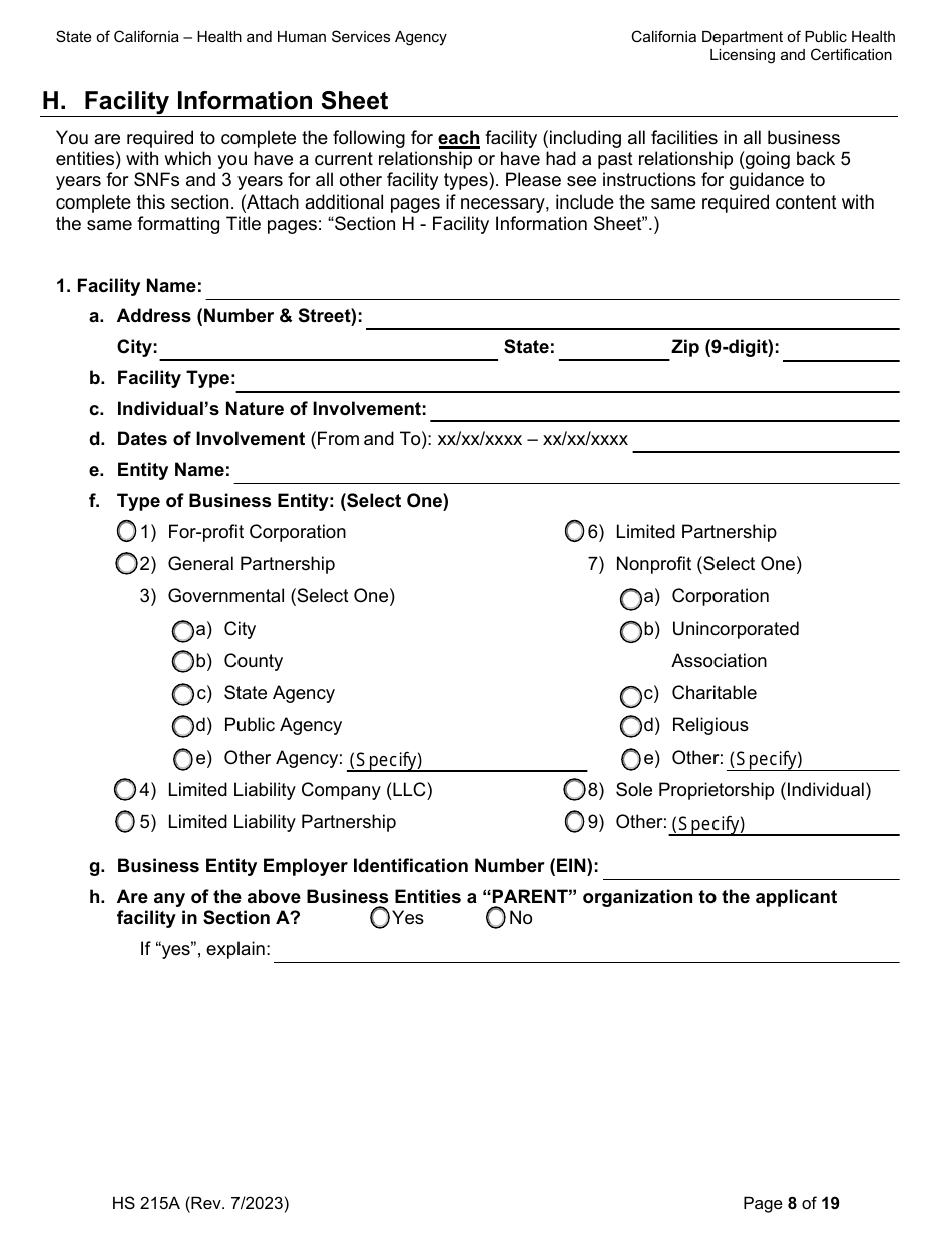 Form HS215A Applicant Individual Information - California, Page 8