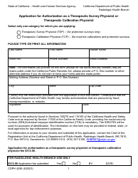 Document preview: Form CDPH4256 Application for Authorization as a Therapeutic Survey Physicist or Therapeutic Calibration Physicist - California