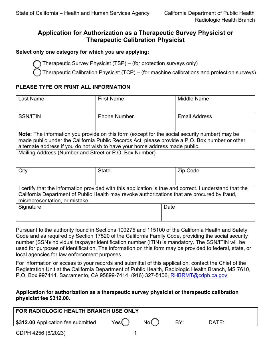 Form CDPH4256 Application for Authorization as a Therapeutic Survey Physicist or Therapeutic Calibration Physicist - California, Page 1