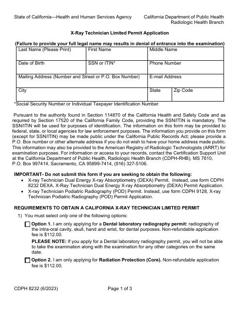 Form CDPH8232 X-Ray Technician Limited Permit Application - California