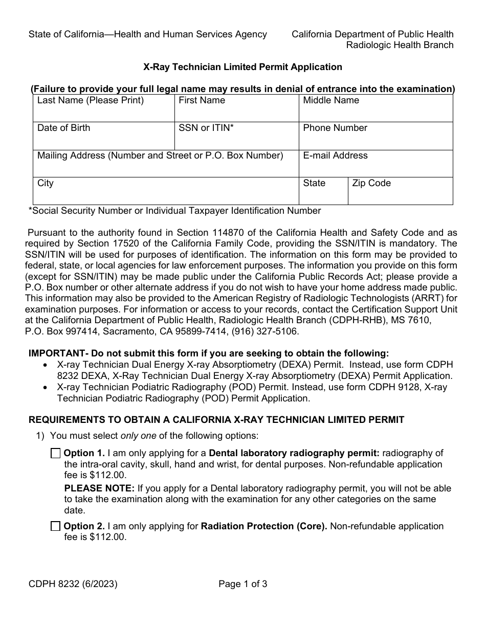 Form CDPH8232 X-Ray Technician Limited Permit Application - California, Page 1
