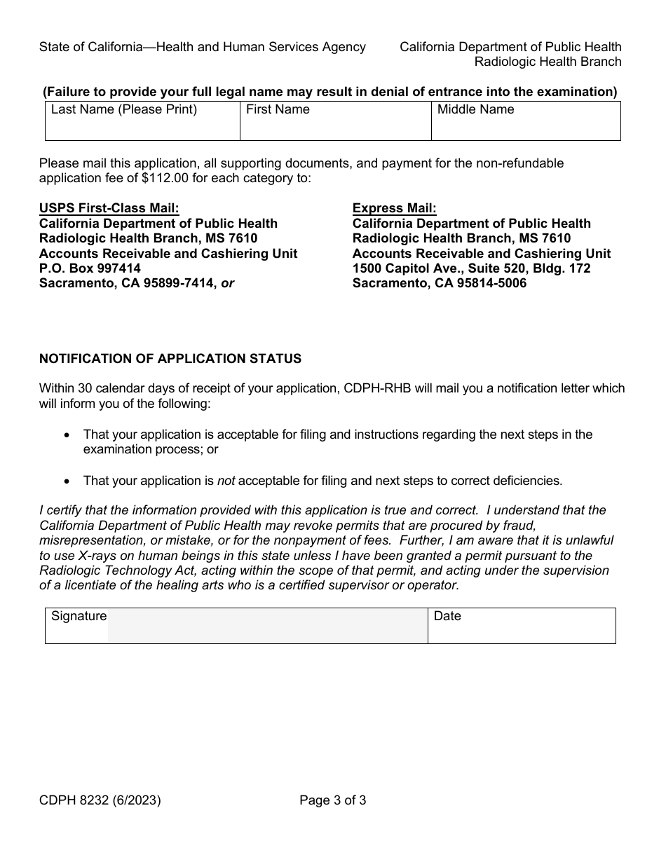 Form CDPH8232 X-Ray Technician Limited Permit Application - California, Page 3