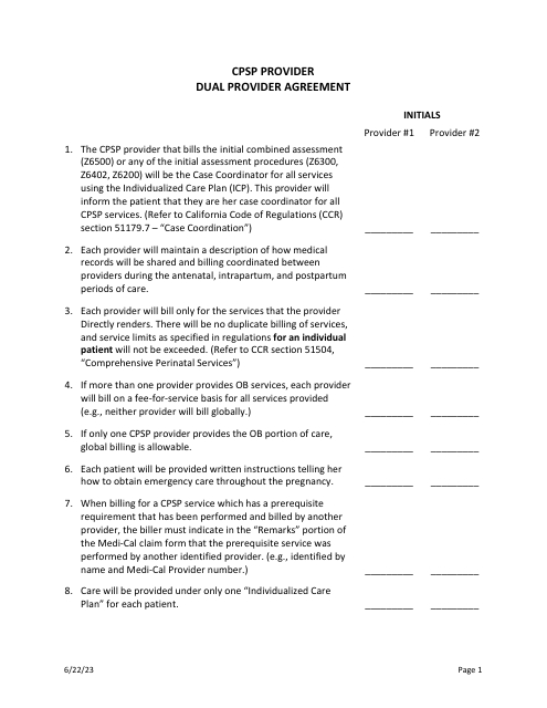 Dual Provider Agreement - Comprehensive Perinatal Services Program - California Download Pdf