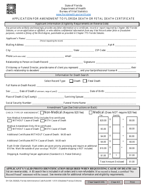 Form DH524 Application for Amendment to Florida Death or Fetal Death Certificate - Florida