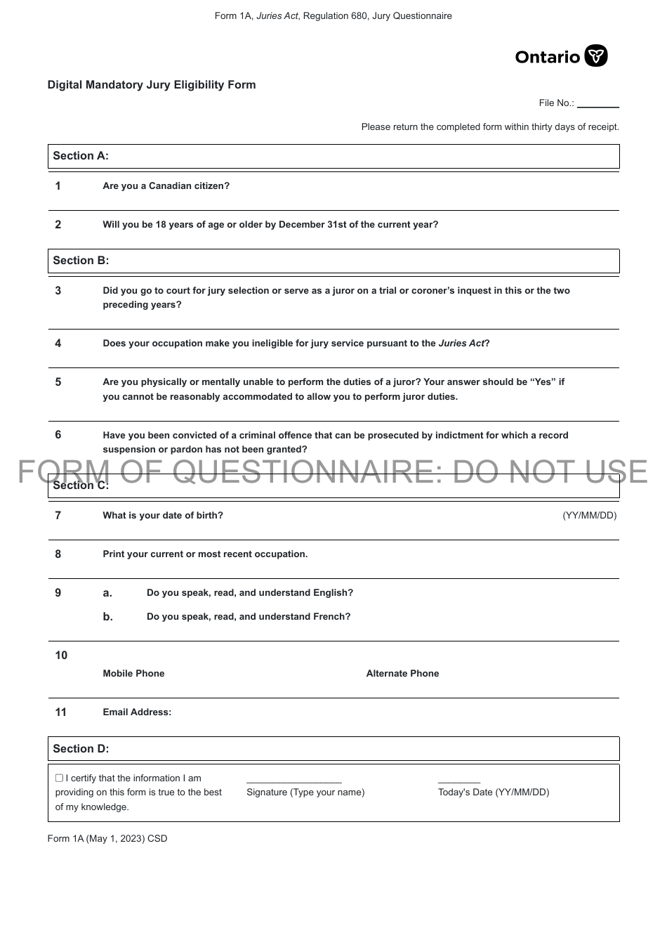 Form 1a Fill Out Sign Online And Download Printable Pdf Ontario