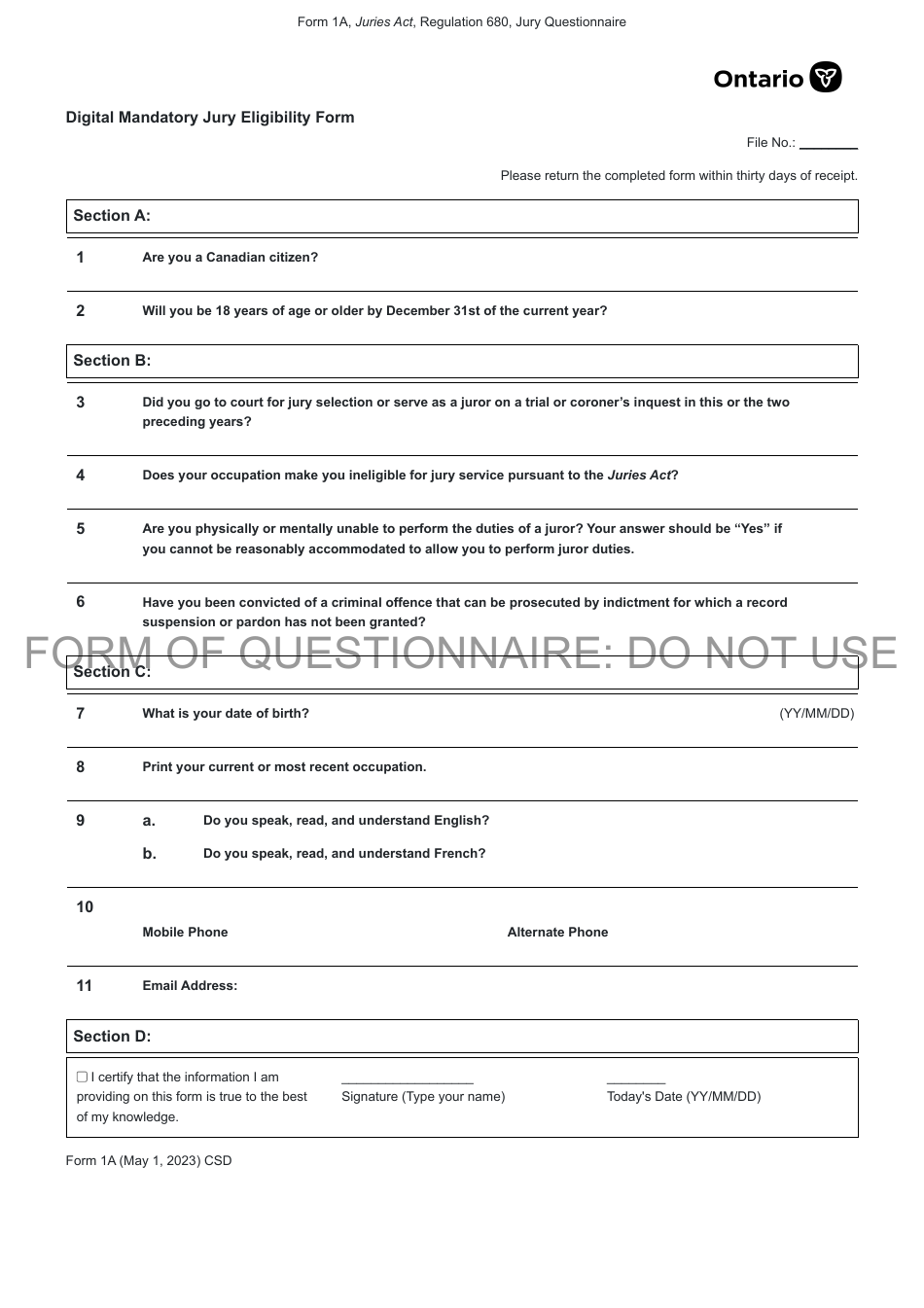 Form 1A Digital Mandatory Jury Eligibility Form - Ontario, Canada, Page 1