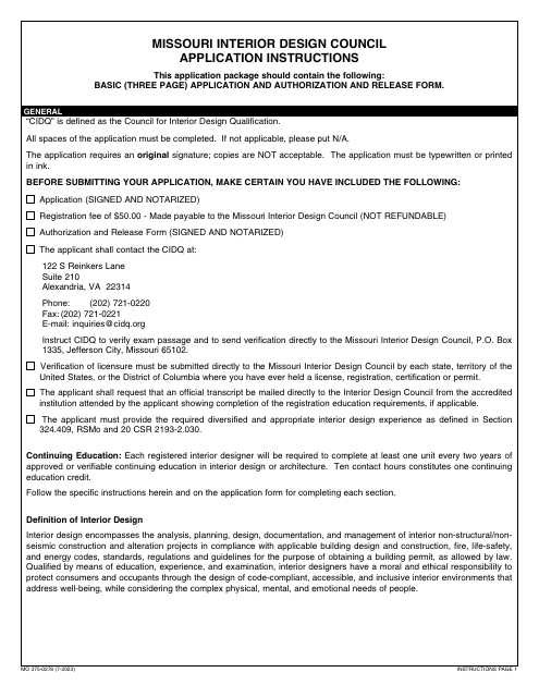 Form MO375-0278 Application for Registration of Interior Designers - Missouri