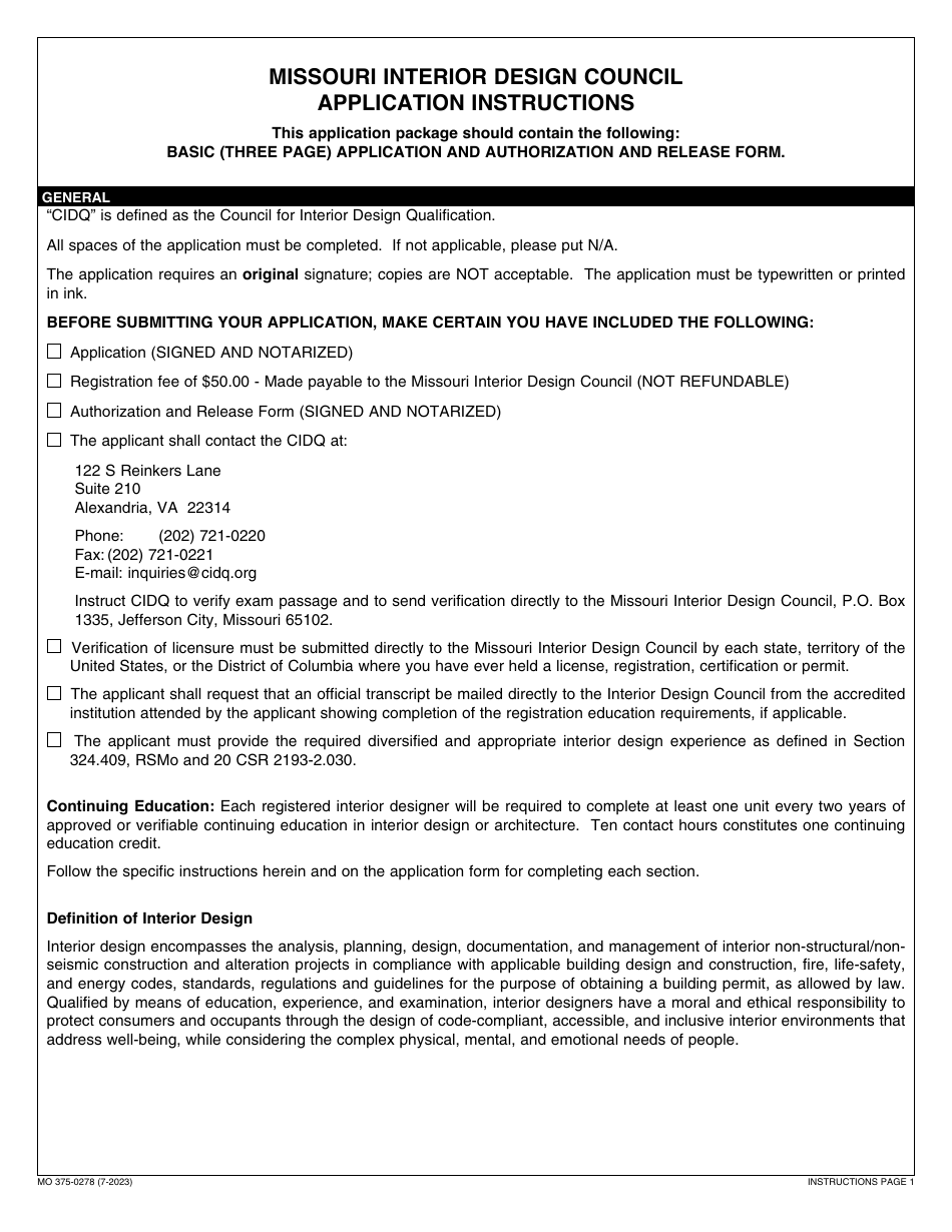 Form MO375-0278 Application for Registration of Interior Designers - Missouri, Page 1