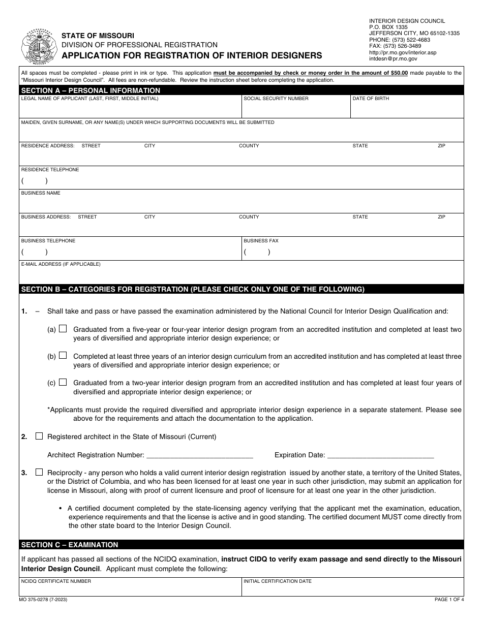 Form MO375-0278 Application for Registration of Interior Designers - Missouri, Page 2