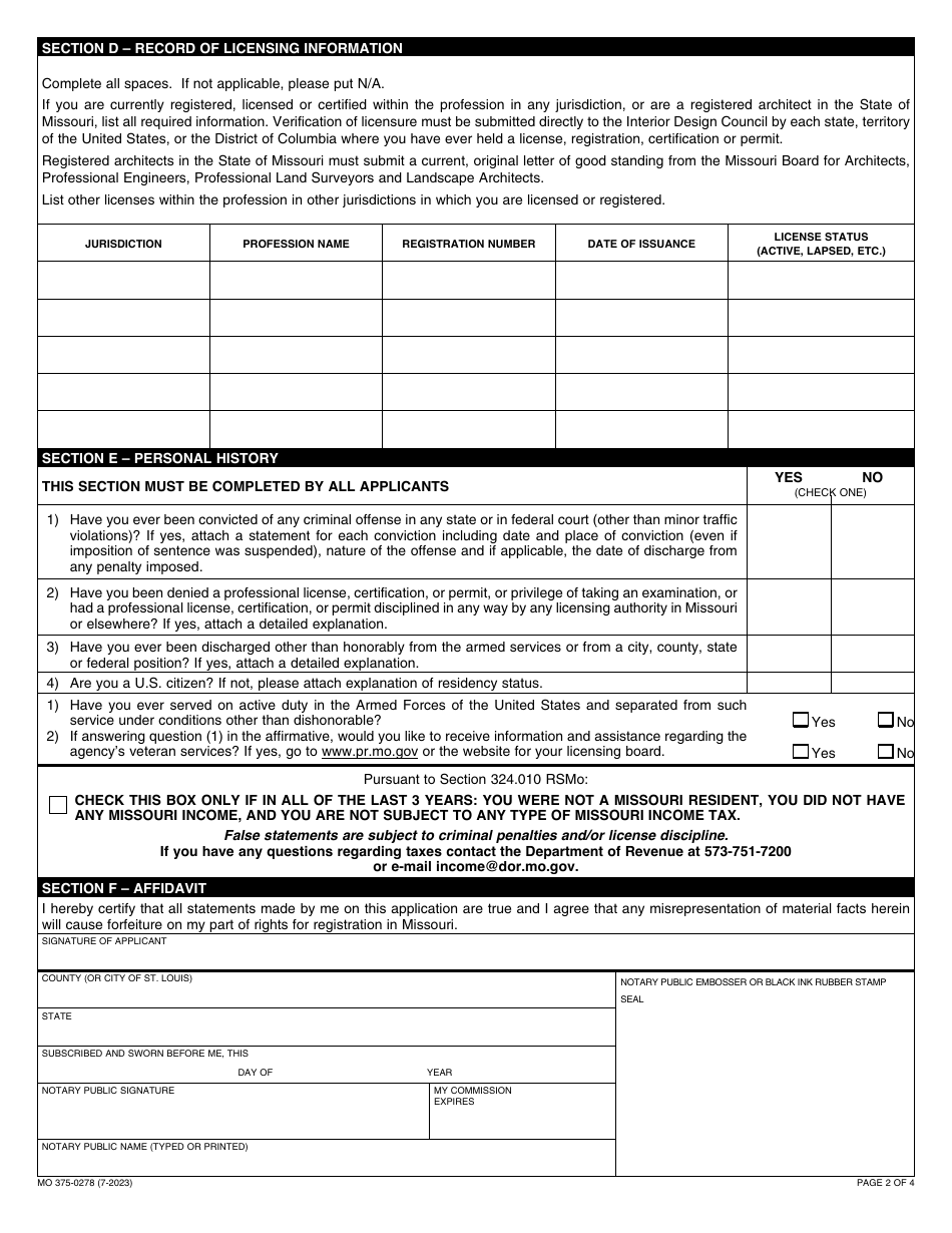 Form MO375-0278 Application for Registration of Interior Designers - Missouri, Page 3