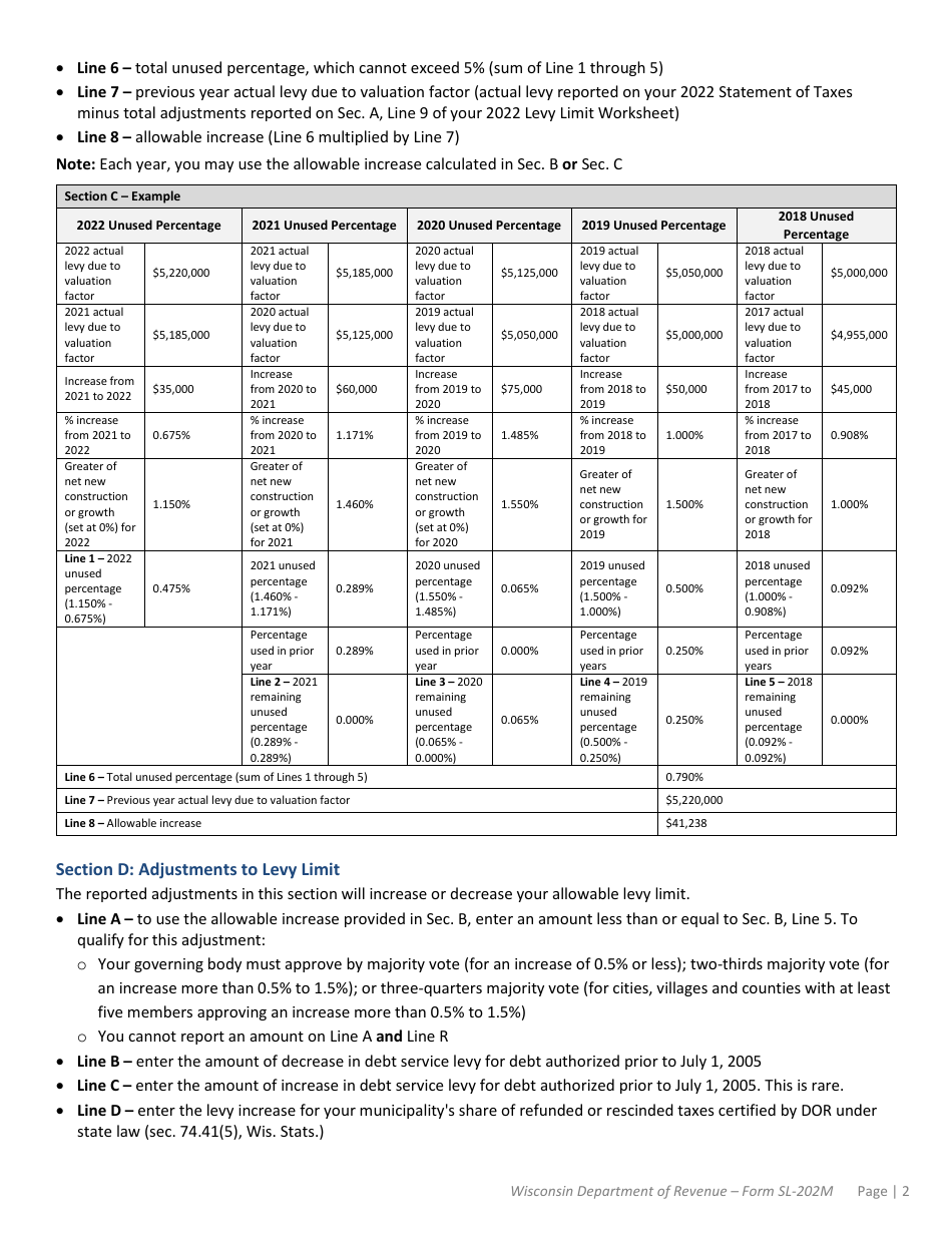 Instructions for Form SL-202M Municipal Levy Limit Worksheet - Wisconsin, Page 2