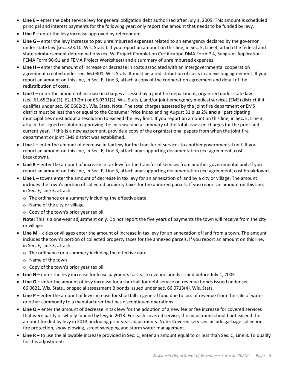 Instructions for Form SL-202M Municipal Levy Limit Worksheet - Wisconsin, Page 3
