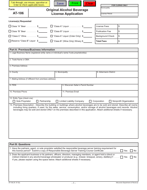 Form AT-106 Original Alcohol Beverage License Application - Wisconsin