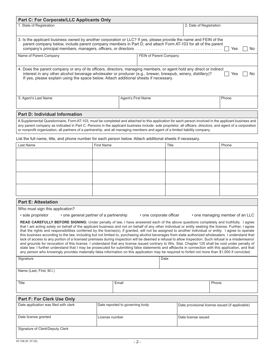 Form AT-106 Original Alcohol Beverage License Application - Wisconsin, Page 2