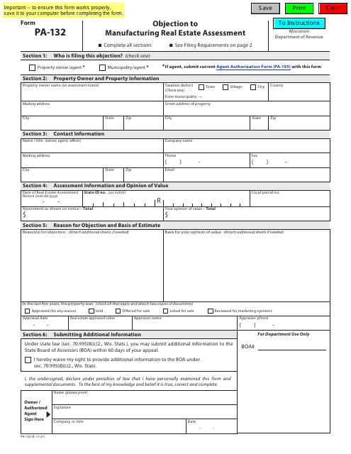 Form PA-132 Objection to Manufacturing Real Estate Assessment - Wisconsin