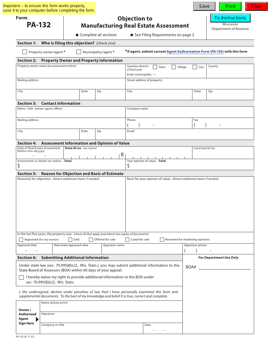 Form PA-132 Objection to Manufacturing Real Estate Assessment - Wisconsin, Page 1
