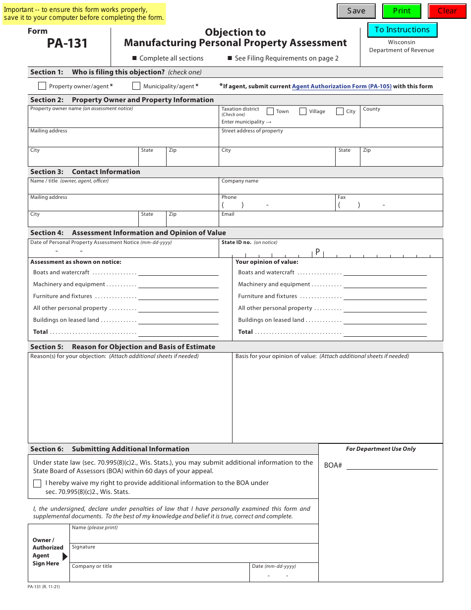 Form PA-131 Objection to Manufacturing Personal Property Assessment - Wisconsin, Page 1
