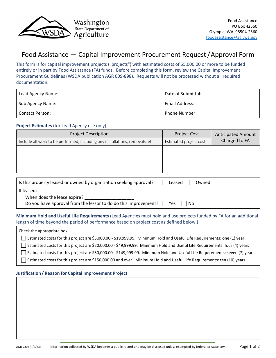 Form AGR-2308 Food Assistance - Capital Improvement Procurement Request / Approval Form - Washington, Page 1