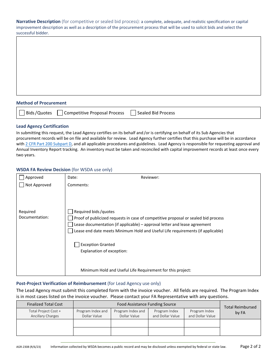 Form AGR-2308 Food Assistance - Capital Improvement Procurement Request / Approval Form - Washington, Page 2
