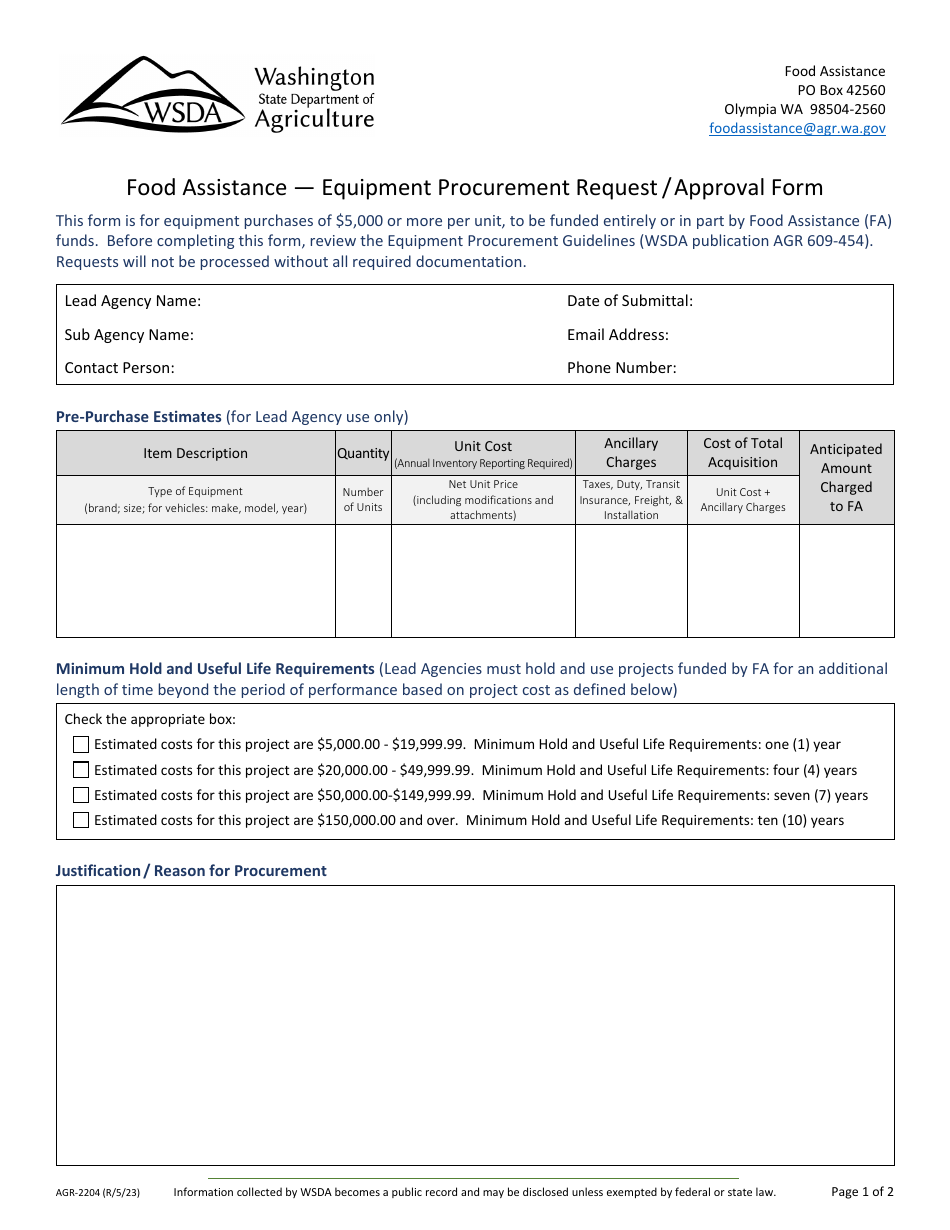 Form AGR-2204 Food Assistance - Equipment Procurement Reqest / Approval Form - Washington, Page 1