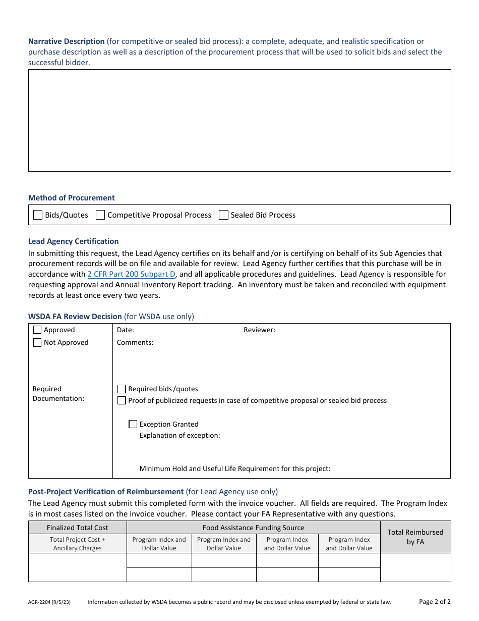 Form AGR-2204 Food Assistance - Equipment Procurement Reqest / Approval Form - Washington, Page 2