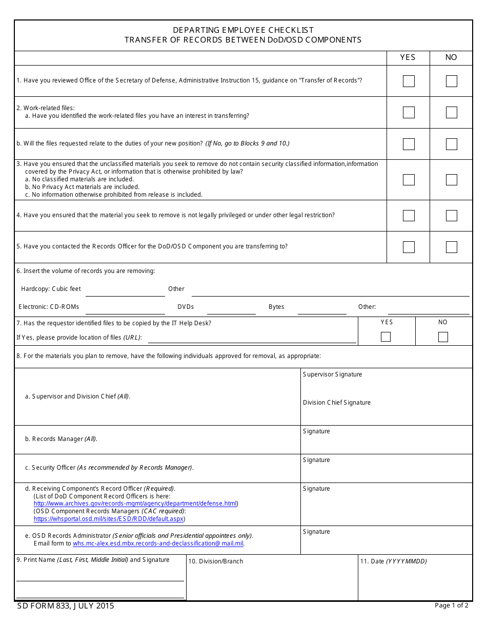 SD Form 833 Departing Employee Checklist - Transfer of Records Between DoD / Osd Components, Page 1