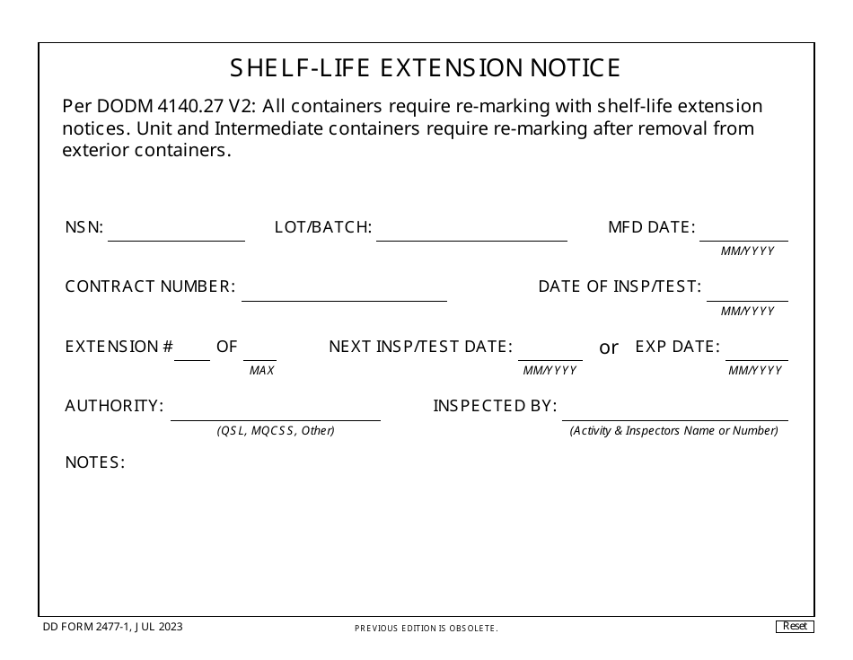 DD Form 2477-1 Shelf-Life Extension Notice, Page 1
