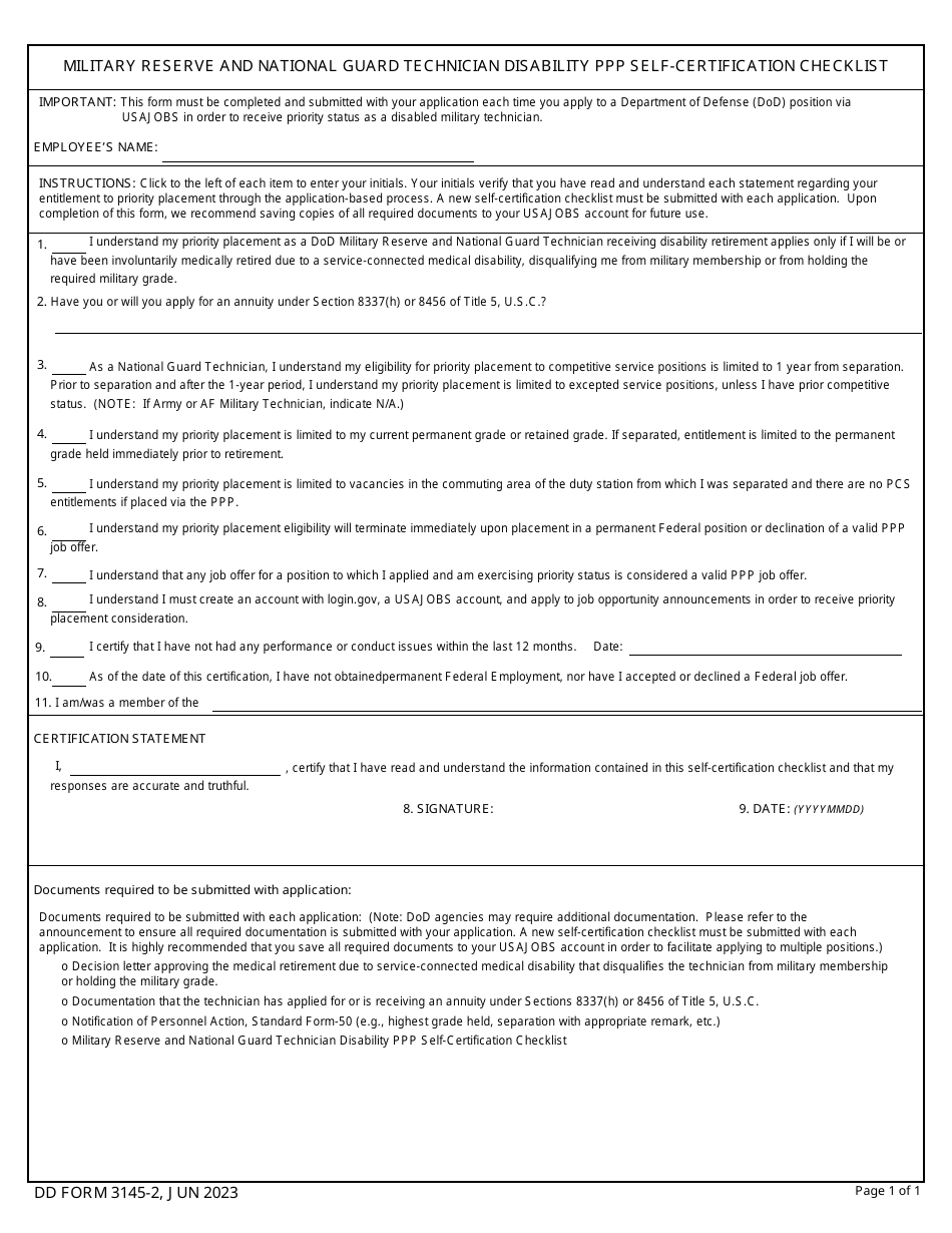 DD Form 3145-2 Military Reserve and National Guard Technician Disability PPP Self-certification Checklist, Page 1