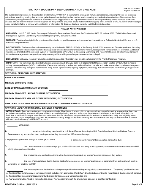 DD Form 3145-4 Military Spouse PPP Self-certification Checklist
