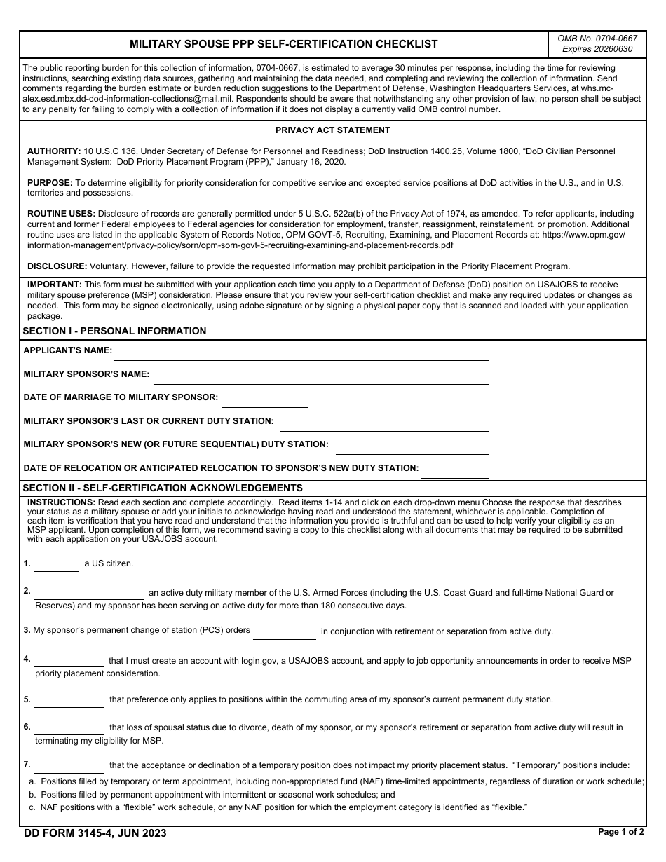 DD Form 3145-4 Military Spouse PPP Self-certification Checklist, Page 1