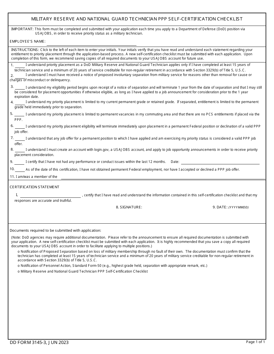 DD Form 3145-3 Military Reserve and National Guard Technician PPP Self-certification Checklist, Page 1
