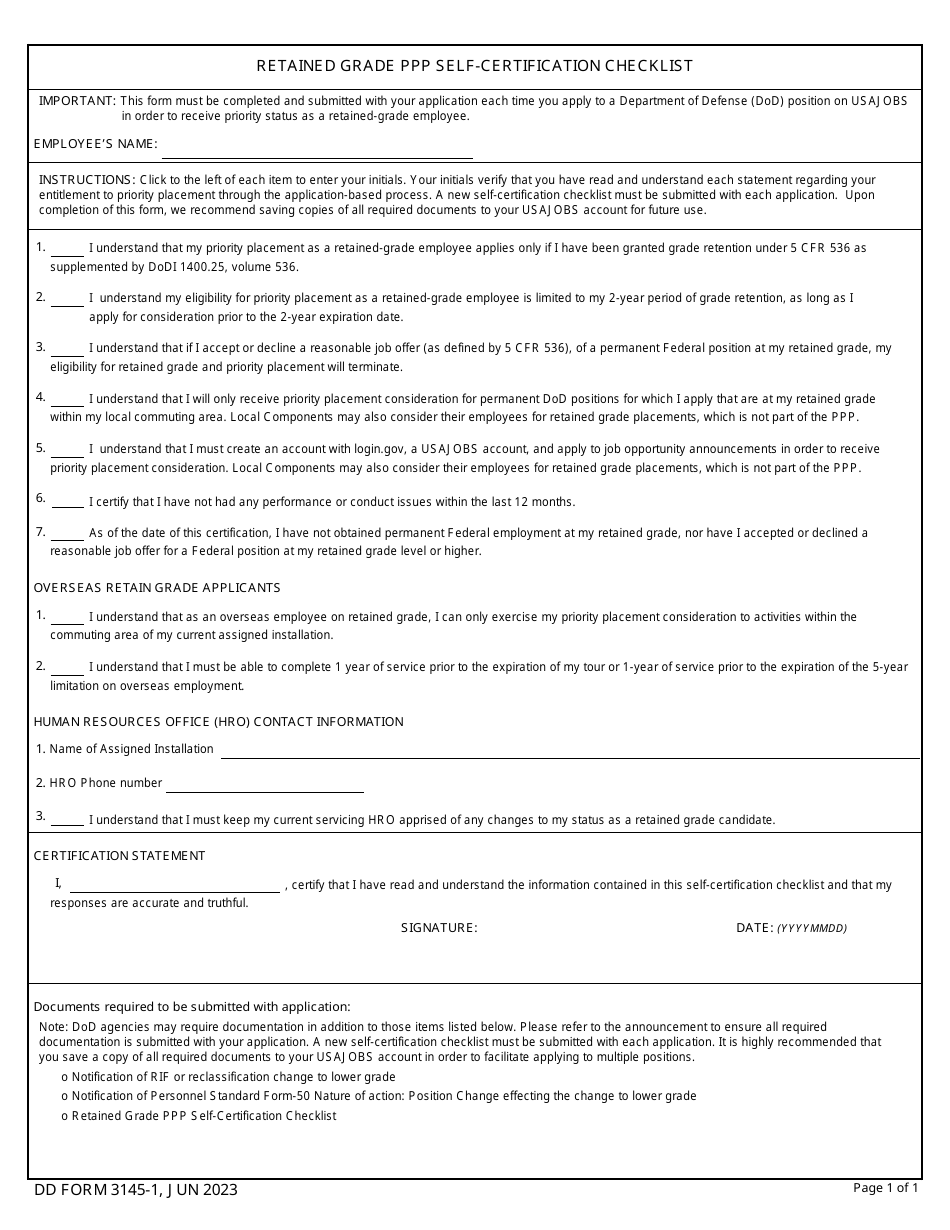 DD Form 3145-1 Retained Grade PPP Self-certification Checklist, Page 1