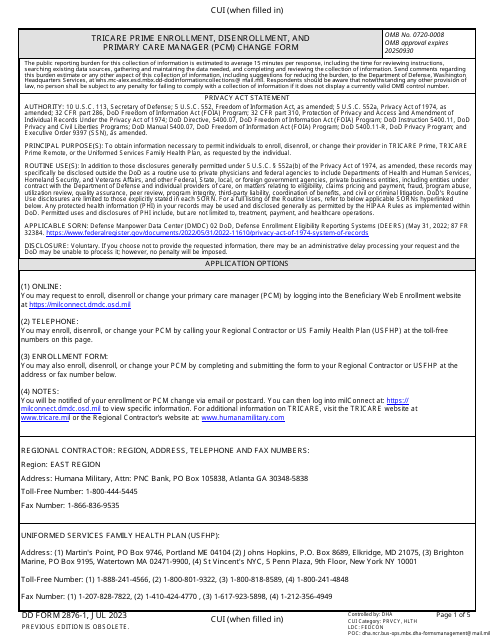 DD Form 2876-1 TRICARE Prime Enrollment, Disenrollment, and Primary Care Manager (PCM) Change Form (East)