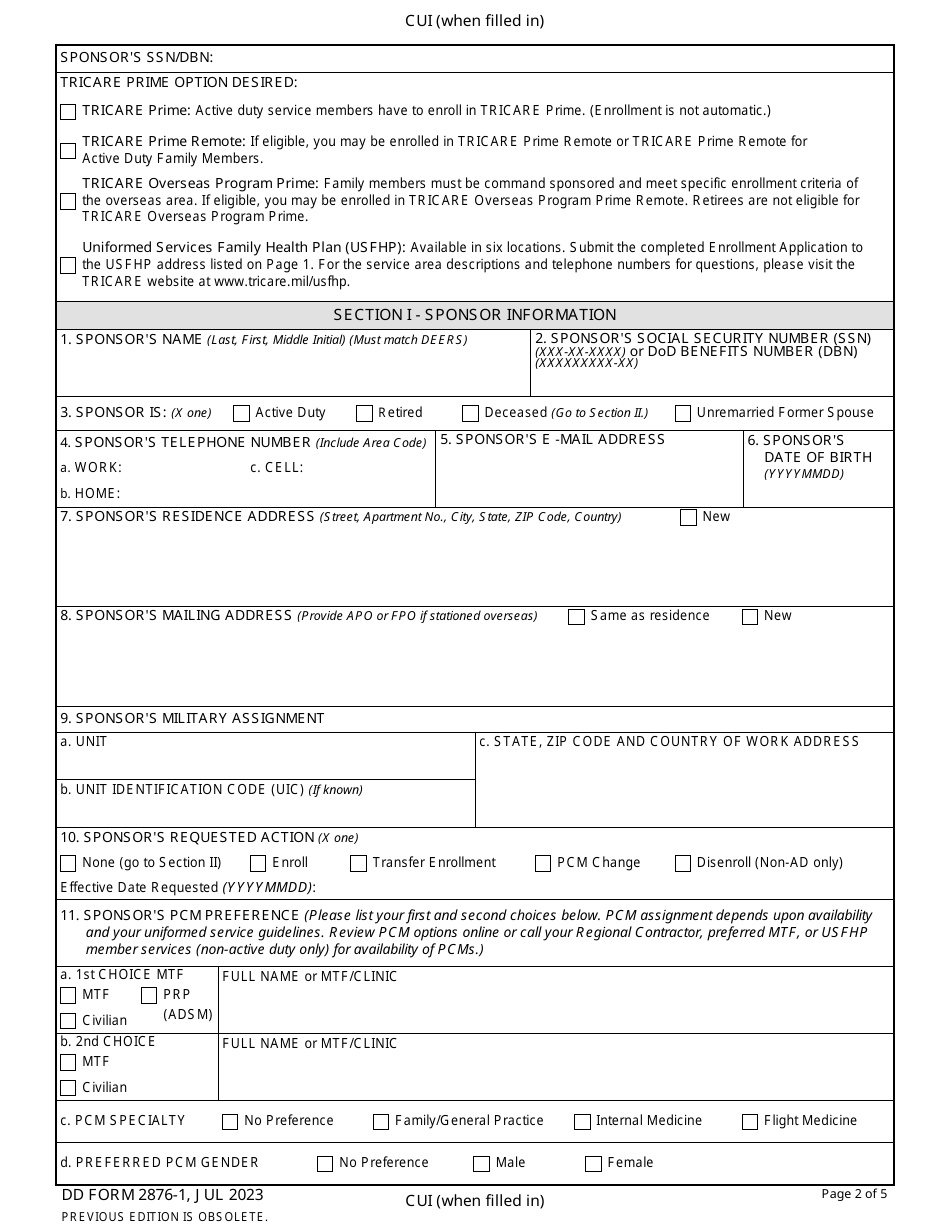 DD Form 2876-1 TRICARE Prime Enrollment, Disenrollment, and Primary Care Manager (PCM) Change Form (East), Page 2