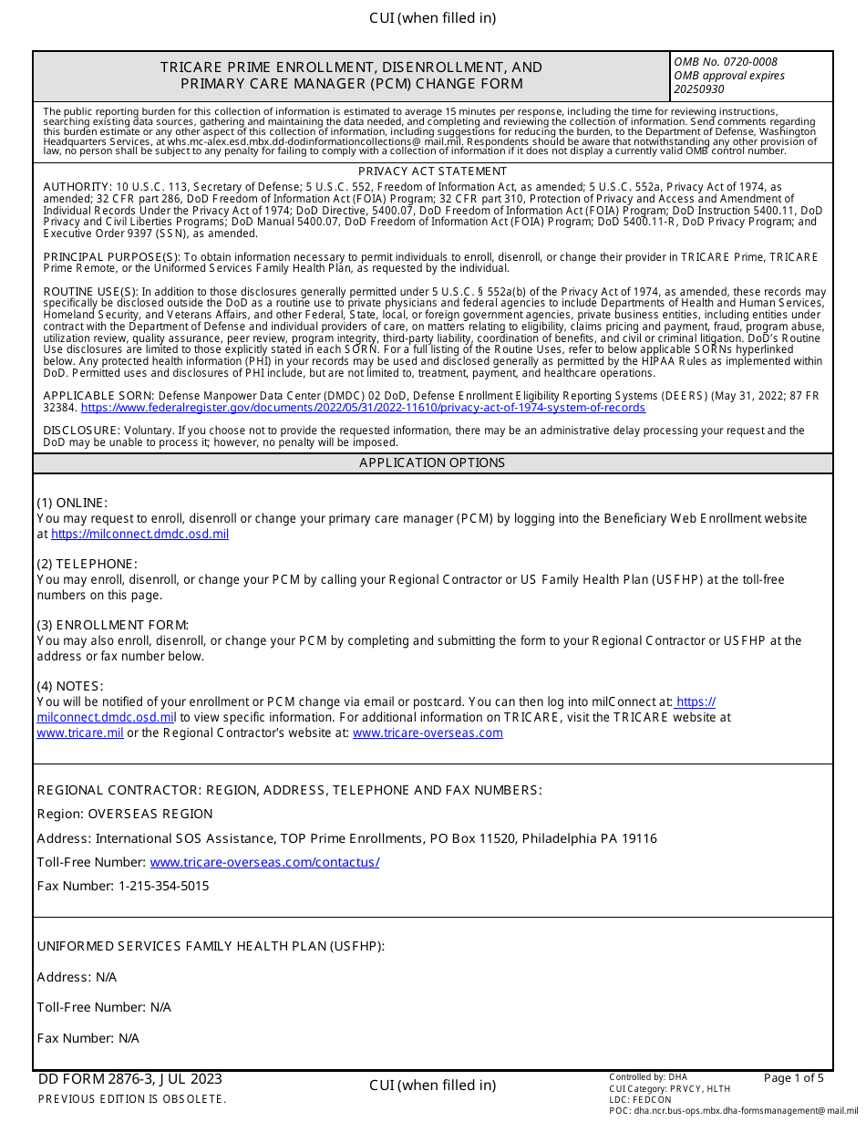 DD Form 2876-3 TRICARE Prime Enrollment, Disenrollment, and Primary Care Manager (PCM) Change Form (Overseas), Page 1