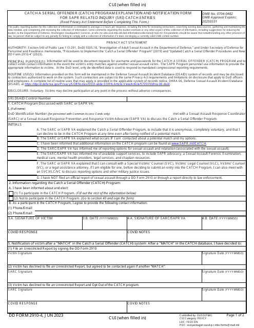DD Form 2910-4 Catch a Serial Offender (Catch) Program Explanation and Notification Form for Sapr Related Inquiry (Sri) Catch Entries