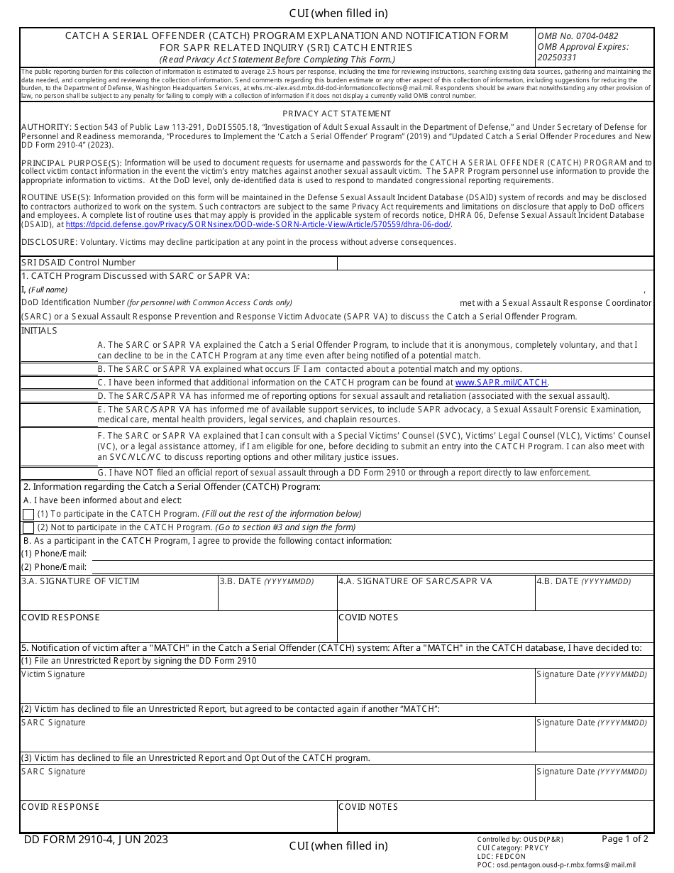 DD Form 2910-4 Catch a Serial Offender (Catch) Program Explanation and Notification Form for Sapr Related Inquiry (Sri) Catch Entries, Page 1