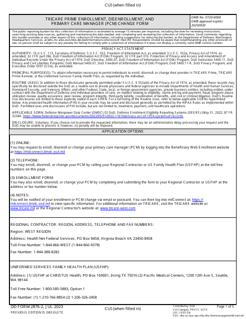 DD Form 2876-2 TRICARE Prime Enrollment, Disenrollment, and Primary Care Manager (PCM) Change Form (West)