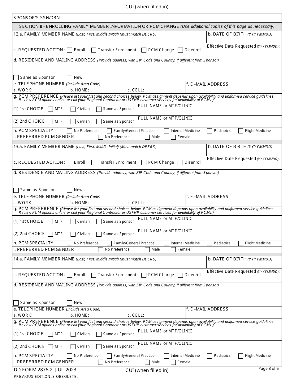 DD Form 2876-2 TRICARE Prime Enrollment, Disenrollment, and Primary Care Manager (PCM) Change Form (West), Page 3